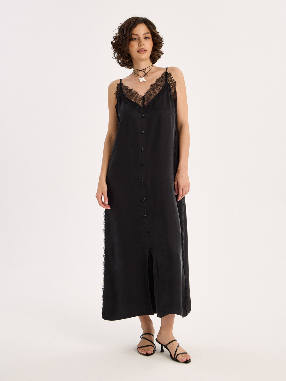 Платье из мокрого шелка с кружевом "BLACK LACE"